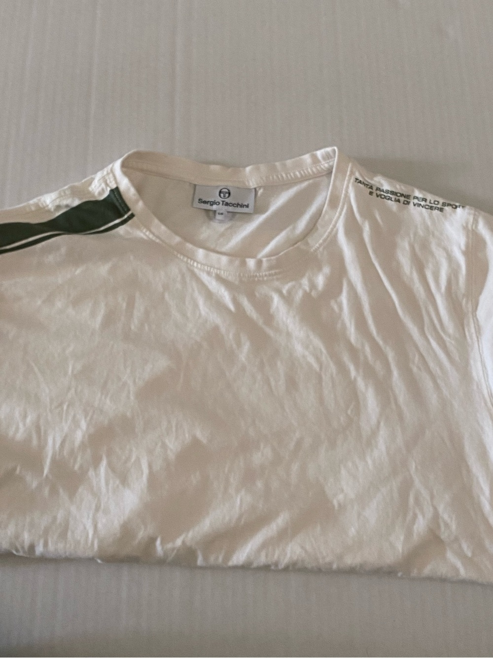 Sergio Tacchini White Crew Neck T-Shirt with Green Shoulder Detail Size Large